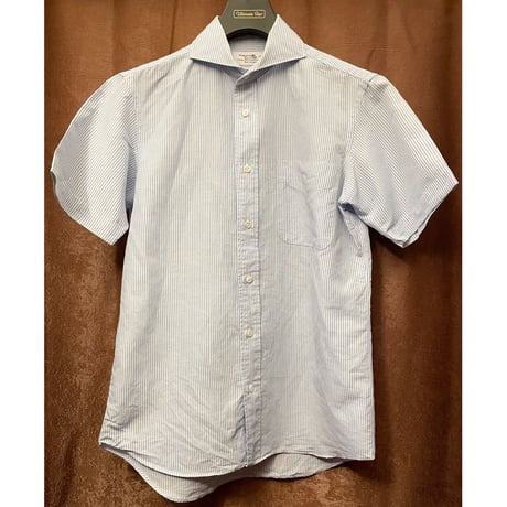 MADE IN JAPAN製 Maker's Shirt 鎌倉 半袖ストライプリネンコットンシャツ スカイブルー Sサイズ