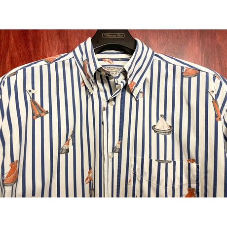 希少 MADE IN ITALY製 NEW ENGLAND ストライプ柄半袖ボタンダウンシャツ ブルー×ホワイト Mサイズ