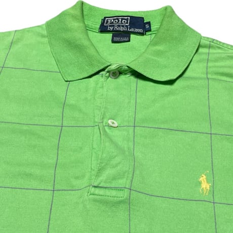 MADE IN USA製 Polo by Ralph Lauren ブロックチェック柄半袖ポロシャツ ライムグリーン Sサイズ