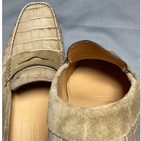 MADE IN ITALY製 SANTONI クロコ型押しローファー ベージュ 7 1/2サイズ