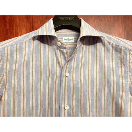 【UNITED ARROWS 取り扱い】 MADE IN ITALY製 Errico Formicola ストライプ柄 長袖リネンコットンシャツ マルチカラー 37-14 1/2サイズ
