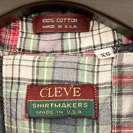 MADE IN USA製 CLEVE SHIRTMAKERS 半袖パッチワークボタンダウンシャツ レッド×グリーン XSサイズ