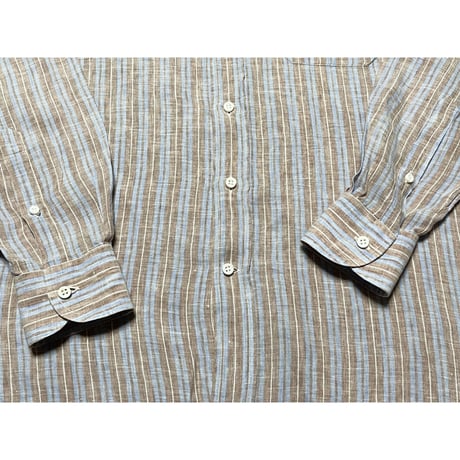 MADE IN ITALY製 ORIAN Slim Fit 長袖ボタンダウンリネンストライプシャツ ブラウン×サックス Lサイズ
