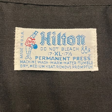 希少 MADE IN USA製 70s PERMANENT PRESSタグ Hilton 半袖ボーリングシャツ ブラック XLサイズ