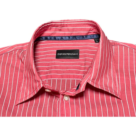 EMPORIO ARMANI コットンシルク長袖ストライプシャツ レッド Ｌサイズ
