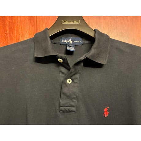レア MADE IN USA製 80s～90s Ralph Lauren 長袖ニットポロシャツ ダークネイビー Mサイズ