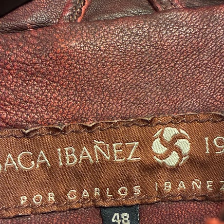 MADE IN SPAIN製 SAGA IBANEZ ヴィンテージ加工 本革 レザーシングルライダースジャケット レッド 48サイズ