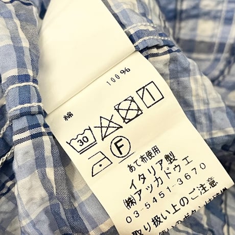 MADE IN ITALY製 PRANDI 半袖チェック柄ボタンダウンシアサッカーシャツ ブルー Lサイズ