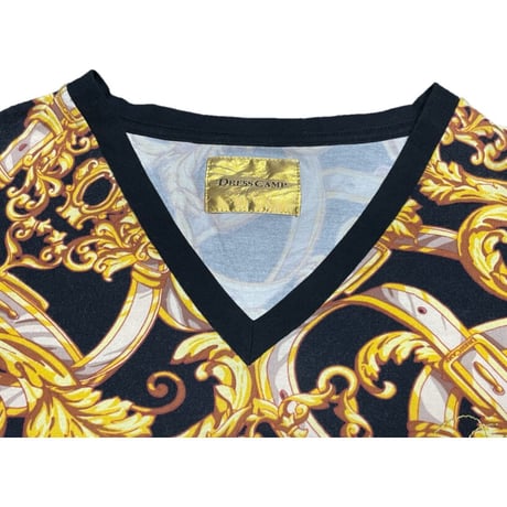 DRESS CAMP 半袖Vネック総柄プリントTシャツ ブラック Mサイズ