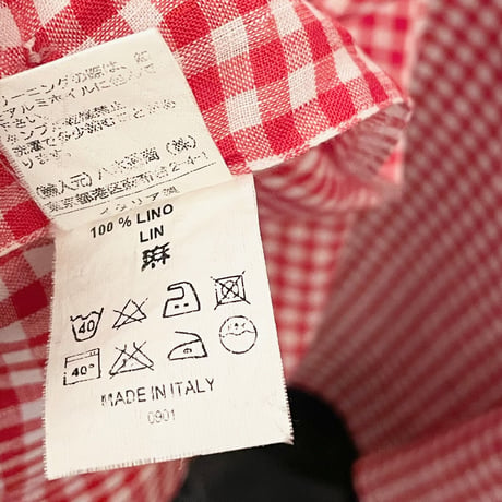 MADE IN ITALY製 ORIAN Slim Fit 長袖ギンガムチェック柄ボタンダウンリネンシャツ レッド Mサイズ