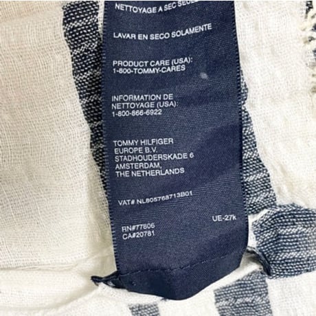 ▲訳あり商品▲ MADE IN ITALY製 TOMMY HILFIGER リネンコットンストール アイボリー×ネイビー