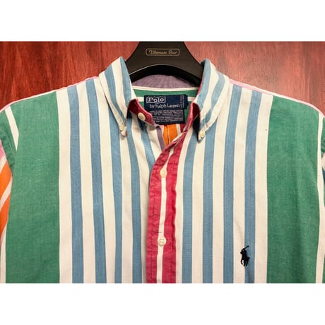 レア MADE IN CANADA製 90s Polo by Ralph Lauren 外タグ クレイジーカラー ストライプ柄 長袖ボタンダウンシャツ マルチカラー Lサイズ