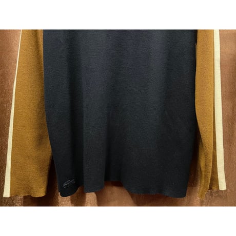 MADE IN FRANCE製 LACOSTE 長袖ウールコットンセーター ネイビー×ブラウン 40サイズ