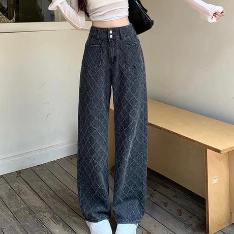 クロスデザイン ハイウエストデニムパンツ 2色展開