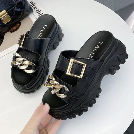 ゴールドチェーンバックル ハイソールサンダル 4色展開