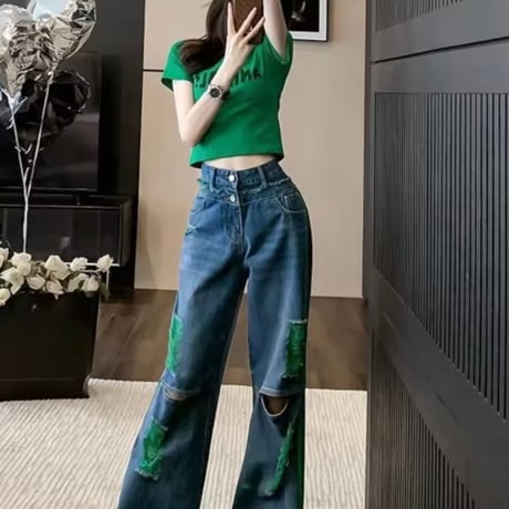 グリーンラインウォッシュデニムパンツ
