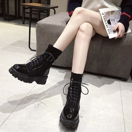 【Beigh 24.0cm即納】異素材mix レースアップショートブーツ 2色展開