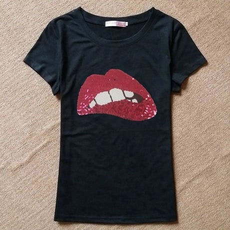 【WhiteMサイズ即納】スパンコール リップTシャツ 3色展開
