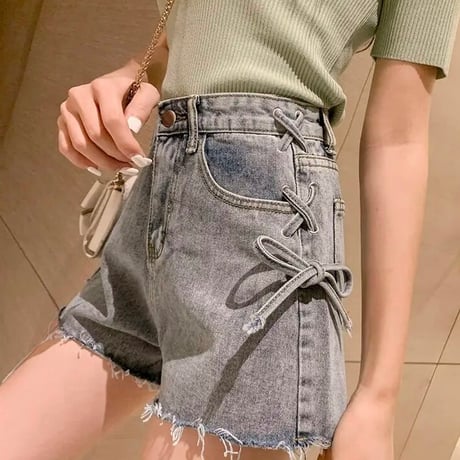 サイドレースアップ デニムショートパンツ