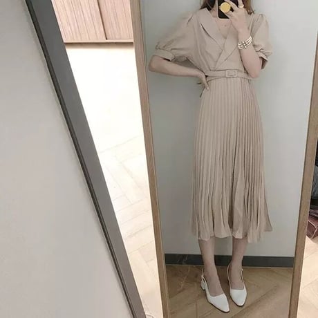 ベルト付き プリーツロングワンピース 3色展開