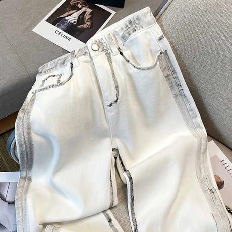ラインペイント ハイウエストデニムパンツ
