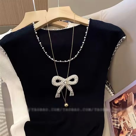 ビジューリボンサマーニットトップス 2色展開