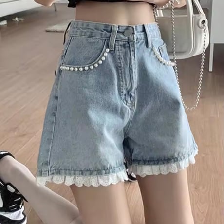 パールポケットレースヘムデニムパンツ