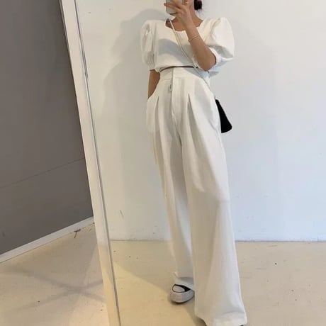 パフスリーブトップス ワイドタックパンツセット 3色展開