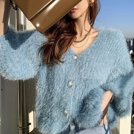 パールボタン モヘアボリュームカーディガン 3色展開