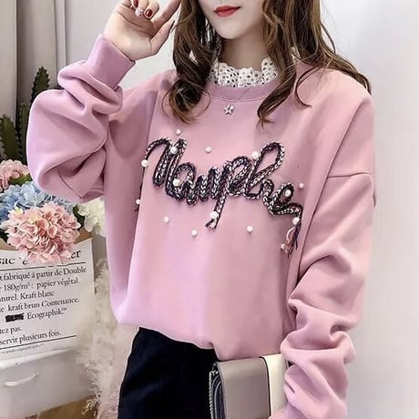レースネック ステッチパールメッセージトップス 2色展開