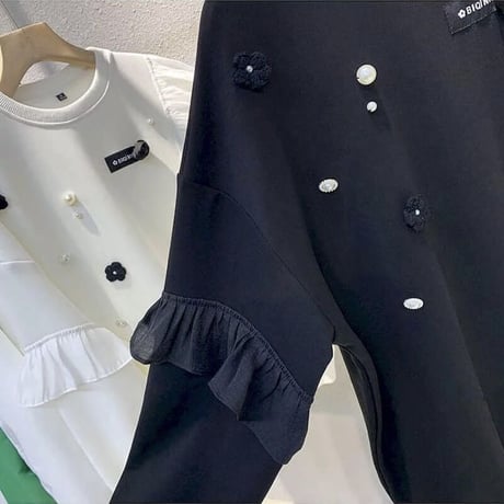 パールモチーフ タグフリルスウェットトップス 2色展開