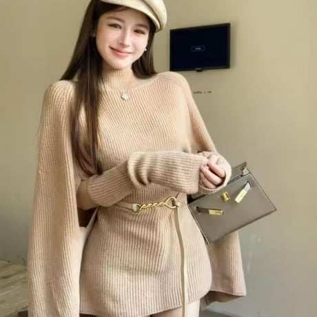 ハイネックリブニットポンチョ 2色展開