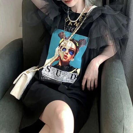 メッシュスリーブ グラフィックワンピース 3色展開
