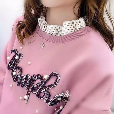 レースネック ステッチパールメッセージトップス 2色展開