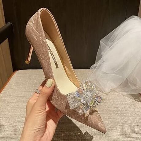 【Silver23.5cm即納】 マーブルラメ クリスタルフラワーパンプス 2色展開