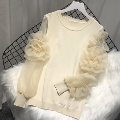 フラワーシースルースリーブ ニット 3色展開