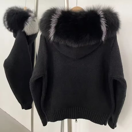 ストライプフォックスファーフードジャケット 3色展開