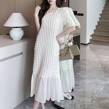 ワッフルシフォンヘム ロングワンピース 2色展開