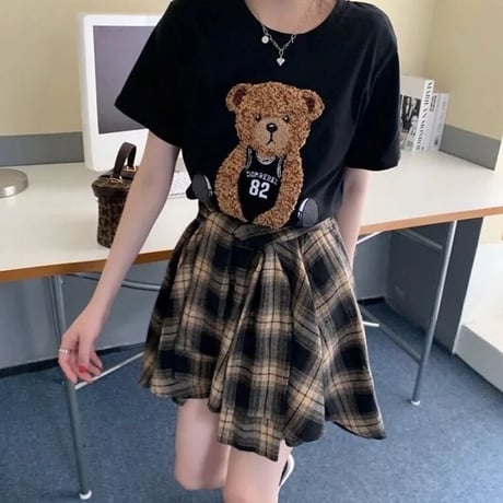 【別売りあり】ベアーTシャツ チェックタイスカートセット