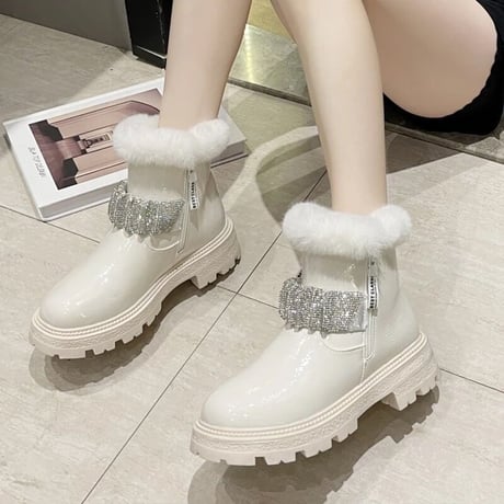 ビジューギャザー ファーショートブーツ 2色展開