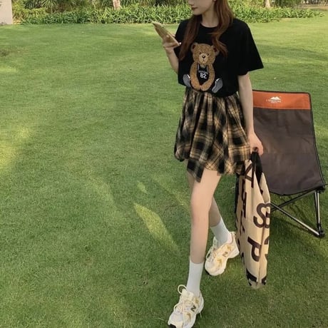 【別売りあり】ベアーTシャツ チェックタイスカートセット