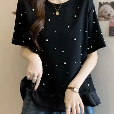 リボンフリルパールTシャツ 2色展開
