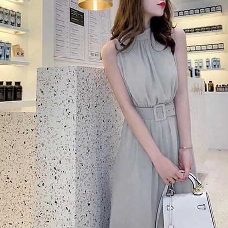 ウエストベルト シフォンノースリーブワンピース 2色展開