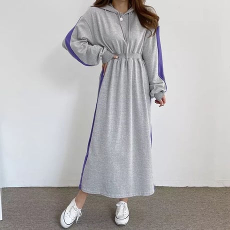 サイドライン フーディスウェットワンピース 2色展開