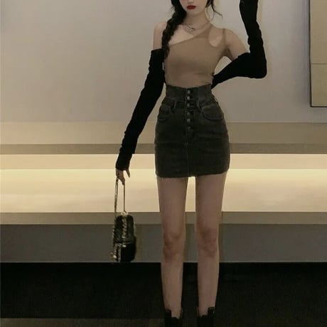 ハイウエストボタン デニムミニスカート 2色展開