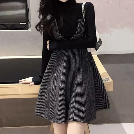 ストラップカットワンピース ニットセット 2色展開