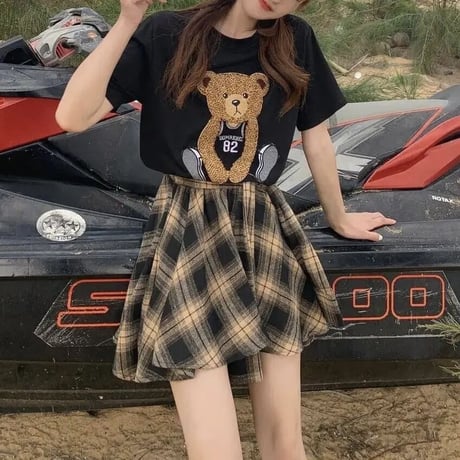 【別売りあり】ベアーTシャツ チェックタイスカートセット
