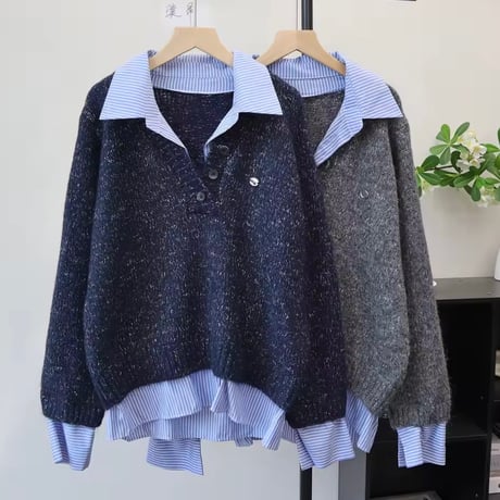 ストライプシャツドッキングニット 3色展開