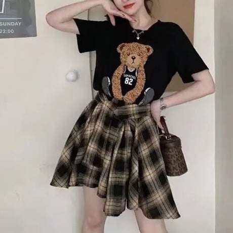 【別売りあり】ベアーTシャツ チェックタイスカートセット
