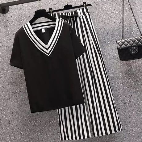 モノトーンストライプTシャツ パンツセット 2色展開